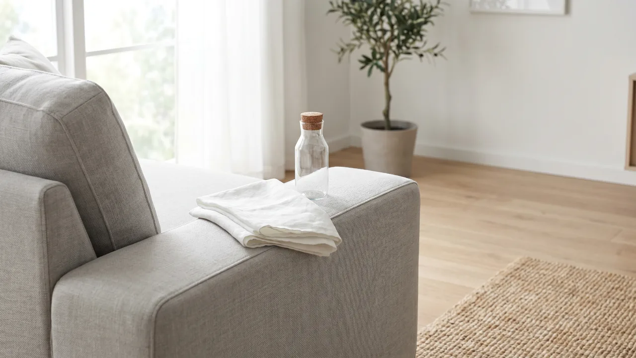 Person som dupper en flekk på en lys sofa med en ren, fuktig klut