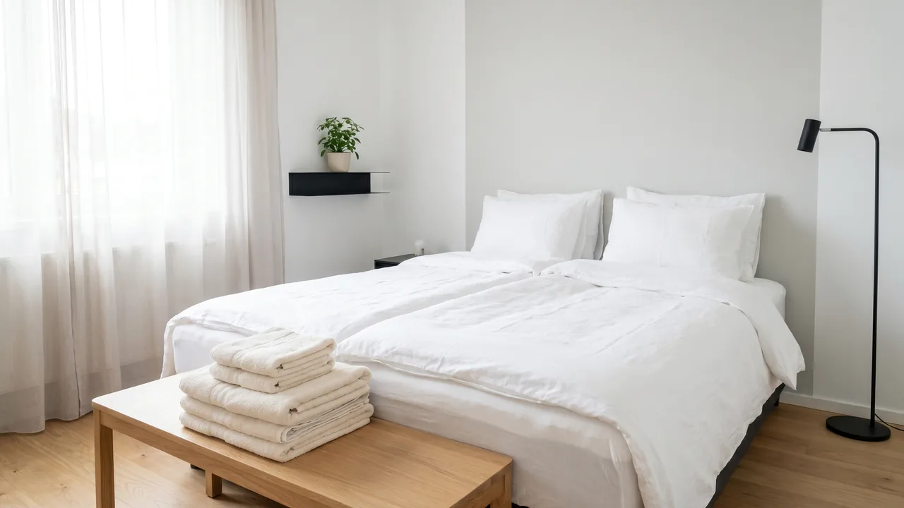 Nyoppredd dobbeltseng med rent hvitt sengetøy og brettede håndklær i en lys Airbnb-leilighet klar for ny gjest